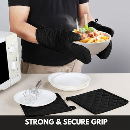 Oven Mitt & Pot Holder 100% Cotton Easter Heat Resistant Oven Gloves (7"x13") & Hot Pads (8"x8") Combo for Gifts, Cooking - Black - color: Black