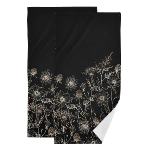 2 Pack Vintage Black Gold Floral Hand Towels for Bathroom,Soft Absorbent Aesthetic Wildflower Herbs Boho Botanical Plant Decorative Guest Bathroom Towels,Quick Dry Dish Kitchen Towels 14"x28" - color: Black