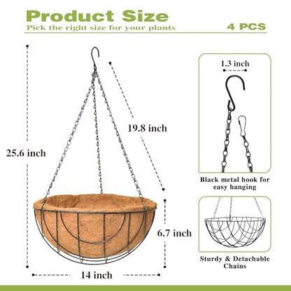 4 Pack 14 Inch Hanging Baskets for Plants Outdoor Metal Hanging Planter Hanging Flower Baskets with Coco Fiber Liners Chain Round Wire Plant Holder Hanging Flower Pots - size: 14 Inch, style: Flower Border