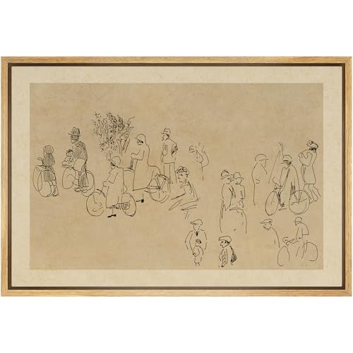 SIGNFORD Framed Canvas Print Wall Art Set Vintage Bicycle Gathering Line Drawing Minimalist Ink Illustrations Modern Art Farmhouse/Country Landscape for Living Room, Bedroom, Office - 16"x24" Natural - color: B15-2508-m33, size: 24"L x 16"W