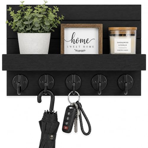 Key Holder for Wall, Decorative Key and Mail Holder, Key Holder Wall Mount with Shelf and Large Hooks, Easy Installation Key Rack for Entryway and Home Decor - color: Black