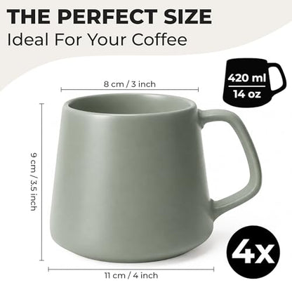 MIAMIO - Coffee Mugs Set of 4, Ceramic, Large (14oz) - Luxe (Evergreen) | Large Ceramic Coffee Mugs for Cappuccino, Tea and Coffee, 4-piece set, Coffee Mugs with saucers - dishwasher safe - color: Evergreen