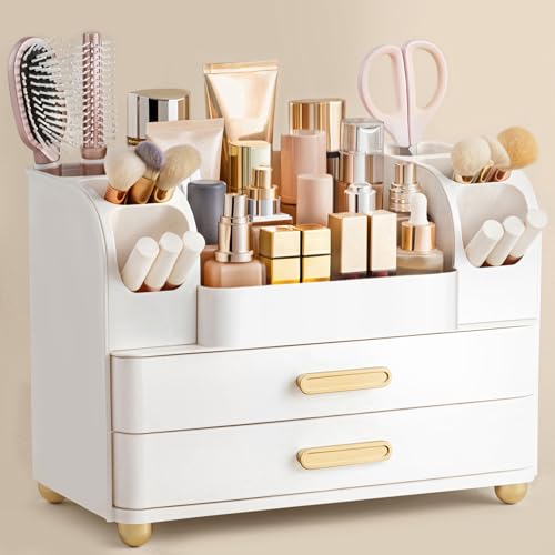 HBlife Makeup Organizer for Vanity with Brush Holder, Large Bathroom Countertop Cosmetic Organizer Skin Care Storage, Easy to Store Lipsticks, Nail Polishes, Perfumes, Eyeshadow Palettes, All White - color: All White