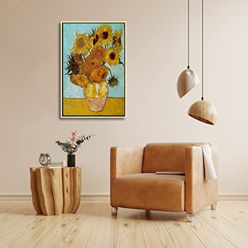 Wieco Art Framed Canvas Wall Art Size L Sunflower by Vincent Van Gogh Oil Paintings Reproduction Abstract Wall Decorations for Living Room Golden Frame Home Decorations - size: 24"L x 16"W