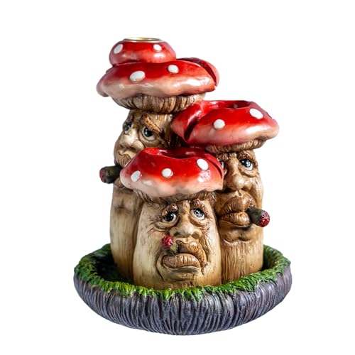 Pacific Giftware Whimsical Toadstool Mushroom Backflow Incense Burner with Faces, Red and White Polka Dot Design, Garden Gnome Style, Decorative Home Accent, Resin Decor 6.1" H