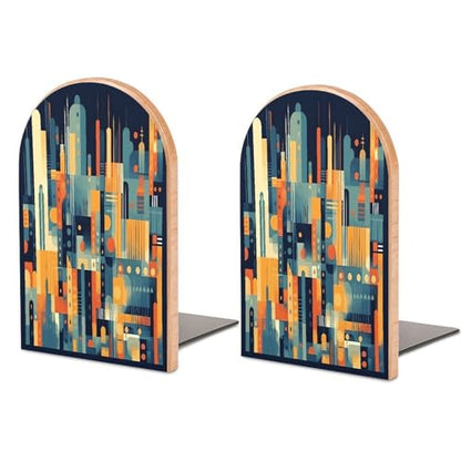 Geometric Shapes Pattern Bookends 1 Pair Heavy Duty Book Ends for Shelves Non-Skid Bookend Supports Wooden Book Holders with Metal Base Desk Organizers Books Storage to Hold Books