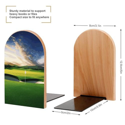 Golf Course Wood Bookends with Metal Base, Decorative Book Holder for Shelves - Wooden Book Ends for Office, Library, Desk & Home Decor