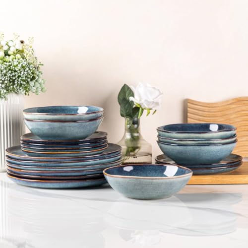 AmorArc Ceramic Dinnerware Sets for 4, 12Pcs Plates and Bowls Sets Dishes | Stoneware Handmade Reactive Glaze Dinner Set, Highly Scratch Resistant | Dishwasher & Microwave Safe Dishware - color: Ceylon Blue, size: Service for 4(12Pcs)