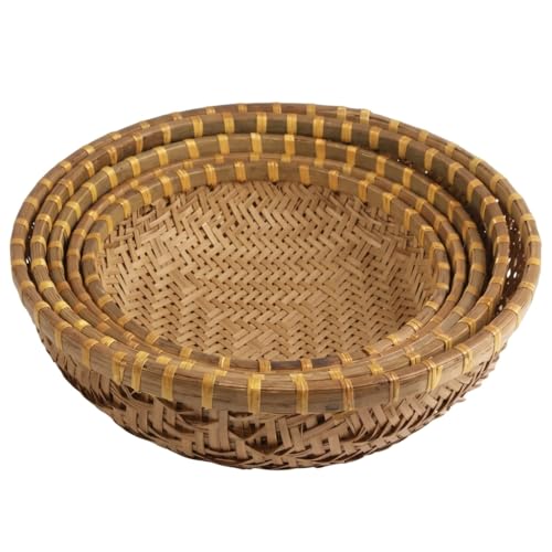 Handmade Natural Bamboo Woven Basket Set, Round, 5 Piece, Nesting Trays for Fruit and Snack Storage