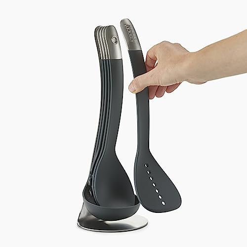 Joseph Joseph Nest 5 Compact Stacking Utensils kitchen tool set with magnetic storage stand, organization, dishwasher safe - Dark Gray/Stainless Steel - color: Black/Stainless Steel