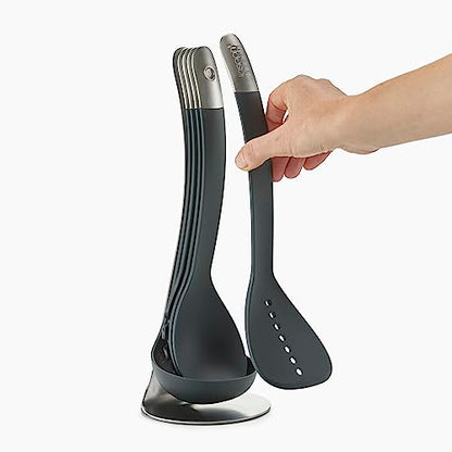 Joseph Joseph Nest 5 Compact Stacking Utensils kitchen tool set with magnetic storage stand, organization, dishwasher safe - Dark Gray/Stainless Steel - color: Black/Stainless Steel