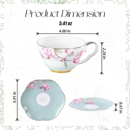 KAMMAK Tea Cups Set of 2,Ceramic Floral Pattern Demitasse Cup | Porcelain Espresso Cup with Saucer, 5.41 oz Handmade Elegant Bone China Tea Cups for Latte, Americano, Cappuccino - color: Fragrance in Spring