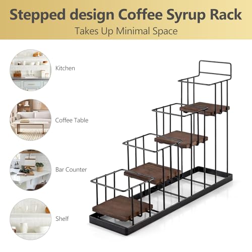 Coffee Syrup Rack Organizer, with Rustic Wood Holder Coffee Station Bar Accessory for Syrup, Wine, Dressing Bottle Countertop Display Storage Stand for Kitchen with Basket and Hooks Holds 4 Bottles