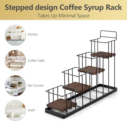 Coffee Syrup Rack Organizer, with Rustic Wood Holder Coffee Station Bar Accessory for Syrup, Wine, Dressing Bottle Countertop Display Storage Stand for Kitchen with Basket and Hooks Holds 4 Bottles