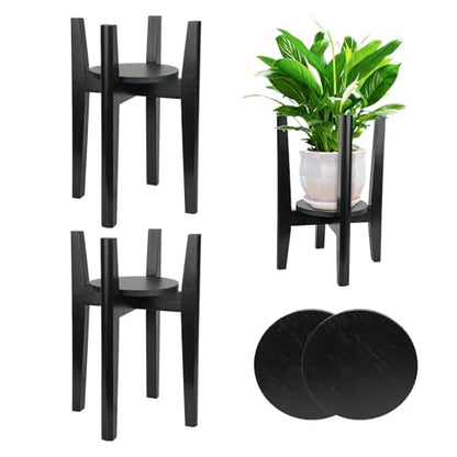 2 Packs Adjustable Plant Stand with Tray,Indoor Wood Plant Stand Fit 8'' to 12'' Planter,Mid Century Modern Flower Pot Holder Rack(Plant and Pot Not Included) Black - color: Black, size: 2 PACKS