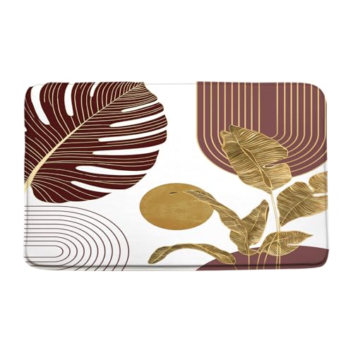 Mid Century Leaves Bath Mat Abstract Modern Plant Geometric Leaf Arch Sun Minimalist Neutral Red Bathroom Floor Bathtub Bath Rug，15.7x23.6 Inch - color: Red, size: 1'4" x 1'11" (Rectangular)