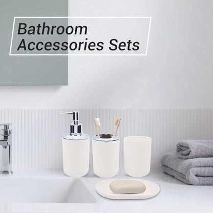 LGURT 4-Pc White Bath Accessories Set — Dispenser, Holder, Cup & Dish | Matte Plastic, Bathroom Vanity, Counter Organizer, Soap Dish & Rinse Cup, Gift - color: White