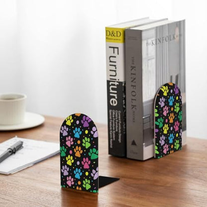 Wood Bookends for Shelves, Dog Paw Print Decorative Non-Slip Book Ends for Office Home Decor, Aesthetic Book Stopper/Stands/Holder, Book Dividers, Desk Organizers