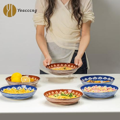 Yeacccng Bohemian Pasta Bowls Set of 6, 8.5 Inch 35 Oz Ceramic Serving Bowls, Blue Color Block Design, Lead-Free Cadmium-Free, Dishwasher Microwave Oven Safe, Scratch-Resistant Salad Soup Bowls - size: 8.5 inch pasta bowl (Blue*6)