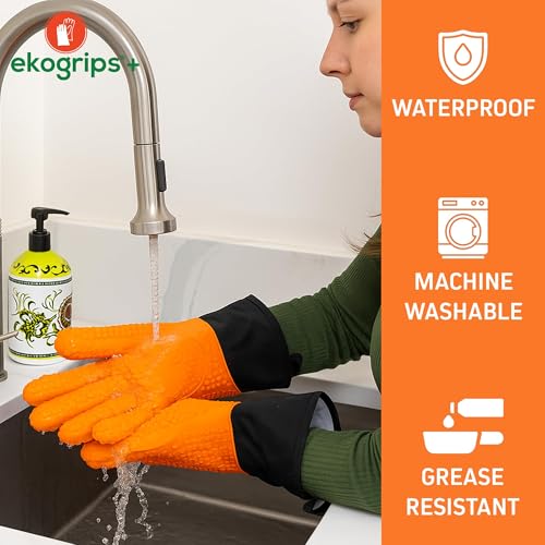 Ekogrips®+ Oven Gloves with Fingers, Comfy Waterproof Heat Resistant Grill Gloves -Long Cuff and Good Dexterity - color: Orange, size: S/M