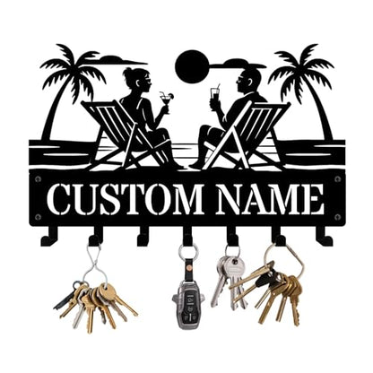 NIWAHO Personalized Key Holder for Couples – Metal Key Hanger Wall Mount with Custom Name – Entryway Home Organizer Rack – Gift for Wedding, Anniversary, Housewarming - color: Couple Beach