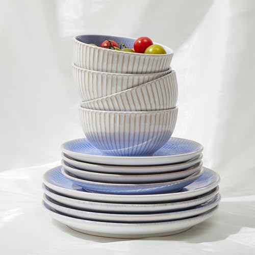 Ceramic Dinnerware Sets for 4, 12pcs Plates and Bowls Sets Dish Set | Stoneware Dishware sets, Microwave & Dishwasher Safe, Cereal Bowls and Dinner Plates Set, Stackable Dishes Set, Blue - color: Embossed Blue, size: Set (12pcs)