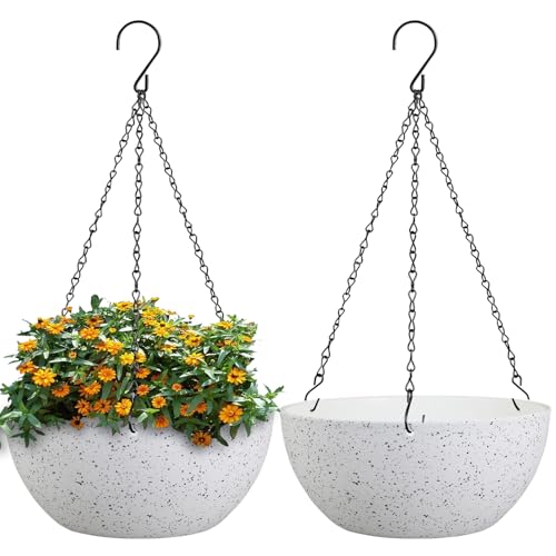 WSMKSZ 10 inch Hanging Planters for Outdoor Indoor Plants with Drainage Holes and Chain, 2 Pack Round Hanging Flower Plant Pots for Garden Home Porch Decor, Speckled White - color: Speckled White, size: 10inch 2pcs
