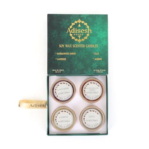 Metal Tin Soy Wax Scented Candles Gift Set - 4 Aromatic Flavors (Sandalwood Amber, Lavender, Lily, Jasmine) | Scented Candles for Home Decoration, Burn Time 14-15 Hrs Each - size: Set of 4