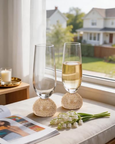 Stemless Fancy Champagne Flutes set of 4,Luxury Crystal Wedding Glasses | 10 oz Hand Blown Unbreakable Mimosa Glasses,for Weddings, Anniversaries, Christmas, Special Days (Gold Clear) - color: Gold Champagne glass