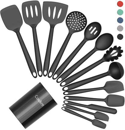 Coukre Silicone Kitchen Cooking Utensils Set, Heat Resistant, 14-Piece | Dishwasher-Safe, Food-Grade Silicone, BPA-Free, Spatulas, Spoons & Turner, Safe for Nonstick Cookware, Pure Black - color: PureBlack