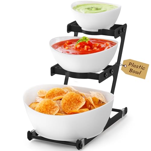 Lifewit 3 Tier Plastic Serving Bowls for Party, Chip and Dip Serving Set | Tiered Serving Tray with Black Metal Stand for Fruit, Snack, Crack-Proof Platter for Buffet Display, Party Hosting Essentials - color: Black