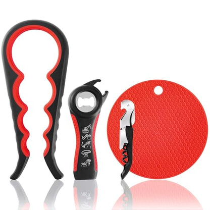 Bloss Jar Opener Can Opener Kitchen Grippers, Multi-use Lid Opener Set | Anti-skid Jar Openers for Weak hands, Seniors with Arthritis, Includes Non-slip Rubber Gripper Pad & Wine Opener, Black Red - color: Black Red-4pcs