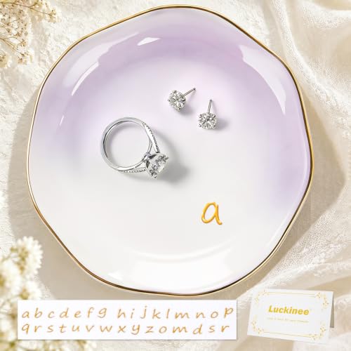LUCKINEE Ceramic Jewelry Tray Round Ring Dish Trinket Dish Gifts for Women | Personalized Birthday Gifts for Mom Dad,Sisters and Friends,with 1pc Gold Puffy Letter Sticker A-Z, With 1pc Greeting Card - color: DIY Style 2- A-Z