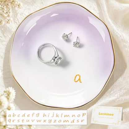 LUCKINEE Ceramic Jewelry Tray Round Ring Dish Trinket Dish Gifts for Women | Personalized Birthday Gifts for Mom Dad,Sisters and Friends,with 1pc Gold Puffy Letter Sticker A-Z, With 1pc Greeting Card - color: DIY Style 2- A-Z