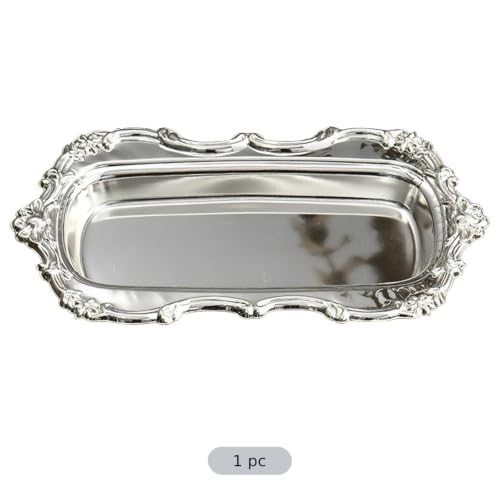 Silver Iron Serving Tray, 7.9 x 4.7 in Rectangular Decorative Plate, Embossed Classic Dessert Holder, Light Luxury Style for Snack Fruit Display and Jewelry Organizer