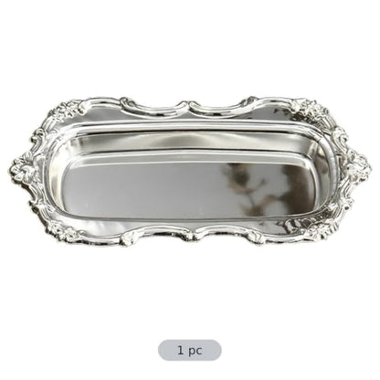 Silver Iron Serving Tray, 7.9 x 4.7 in Rectangular Decorative Plate, Embossed Classic Dessert Holder, Light Luxury Style for Snack Fruit Display and Jewelry Organizer