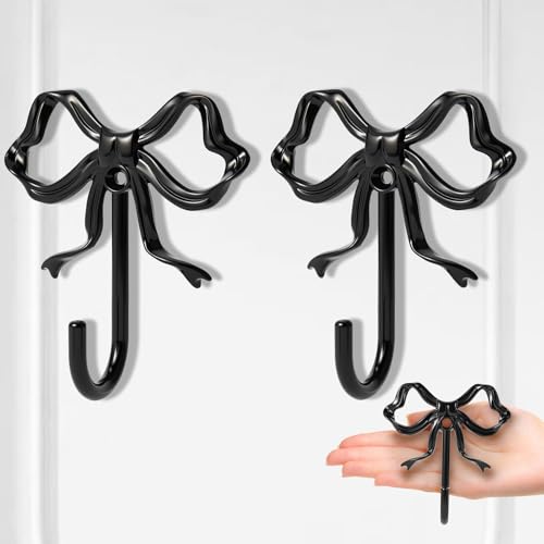 2 PCS Large Size Black Bow Wall Hook, Black Coat Hook, Metal Hooks, Bow Room Decor Hooks for Coats, Coffee Mugs, Hats, Bags, Bath Towels and Room Decorations - color: Black, size: 2Pcs-Large
