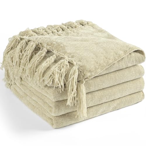 Chenille Throw Blanket for Couch 50" x 60", Light Beige | Soft Cozy Warm Throws with Fringe Tassel, for Living Room Bed Sofa Chair Cover, Lightweight Knitted Decorative Boho Blankets - color: Light Beige, size: 50x60 inch