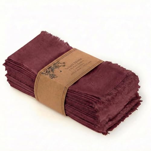 ACCENTHOME Burgundy Cotton Linen Napkin Set of 6 18x18 inch Dinner Napkins | Cotton Linen Blend Napkins, Machine Wash On Gentle Cycle, Economy Pack, Multi Purpose Use, Cotton - color: 10 - Burgundy, size: 18" x 18" (Set of 6)