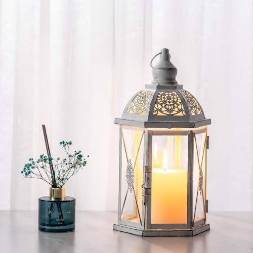 Lantern Decorative Indoor & Outdoor, 14.5'' Candle Lantern Farmhouse Home Decor, Hexagon Vintage Hanging Metal Candle Holder for Front Porch Shelf Patio Wedding Party, Christmas Decorations - color: White (Black Brush) / 14.5'', size: Large