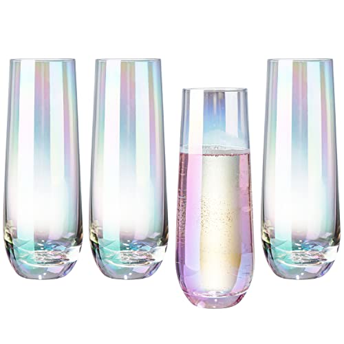 MyGift Set of 4 Iridescent Stemless Champagne Flutes, Rainbow Glasses, 9 oz | Iridescent stemless flutes add colorful sparkle to champagne, prosecco, cocktails and mimosas for holidays, parties or toasts - color: Iridescent