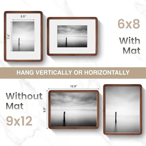 Acovy 9x12in Picture Frame, Natural Solid Walnut | Handcrafted Wooden Photo Frame, Dual Use for Wall Mount, Matted to Fit 6"x8" Photos, HD Tempered Glass - color: Walnut, size: 9x12in