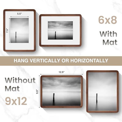 Acovy 9x12in Picture Frame, Natural Solid Walnut | Handcrafted Wooden Photo Frame, Dual Use for Wall Mount, Matted to Fit 6"x8" Photos, HD Tempered Glass - color: Walnut, size: 9x12in