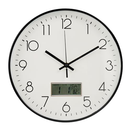 Wall Clock with LCD Display Non-Ticking Silent Quartz Movement Decor Clock with Perpetual Calendar and Temperature Modern Style Round Wall Clocks for Office/Living Room/Bedroom(White, 12inch) - color: White