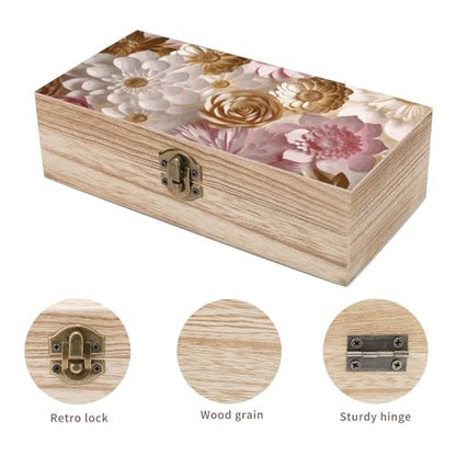 Wood Storage Box White Gold FlowersRetro Decorative Organizer with for Photos Letters Keepsakes for Home Study Desk