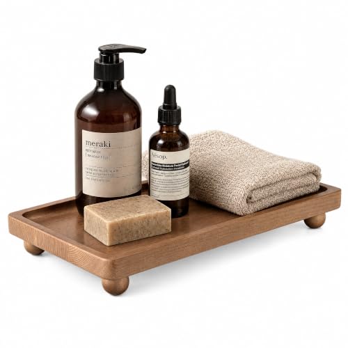 Pine Wood Farmhouse Bathroom Tray for Kitchen Counter, Vanity, Sink, Brown | Raised ball feet, Rounded edge, Waterproof kitchen organization, Rustic decor, Ideal as candle holder & perfume display - color: Brown