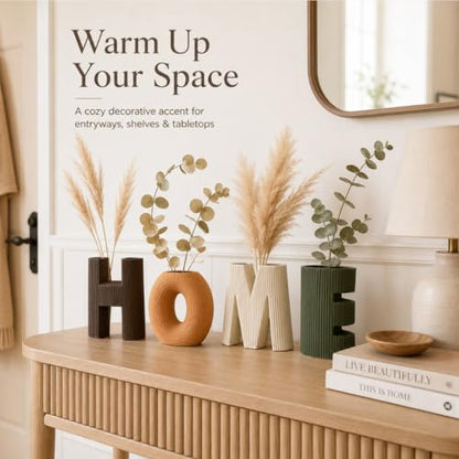 Home Sign Vases Set of 4, Ceramic Letter Flower Vases with Ribbed Texture, Modern Boho Decorative Vases for Living Room Shelf Decor, Entryway Table Centerpiece, Bookshelf, Office, Housewarming Gift