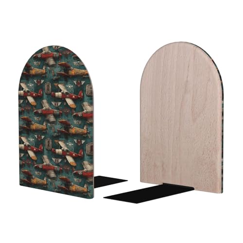 Airplanes and Aviation Signs (2) Print Wooden Bookends,1 Pair Book Ends,Book Organizer for Office Desk, Home and School