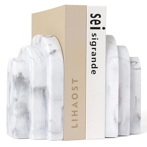 LIN CHUAN Heavy Duty Bookends for Shelves, Set of 2, Marble White Look | Book Ends for Heavy Books, Decorative Book Stopper with Faux Sandstone Finish, Layered Arch Design Bookshelf holder, 6.6 lbs - color: Marble White