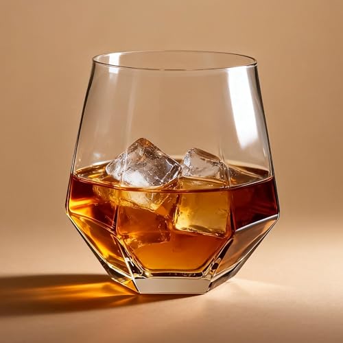 Stemless Wine Glasses Set of 12, 11 oz Diamond Wine Glasses | Geometric Glass Cups, Clear Glassware Tumblers for Red White Wine, Cocktail, Bourbon, Whiskey